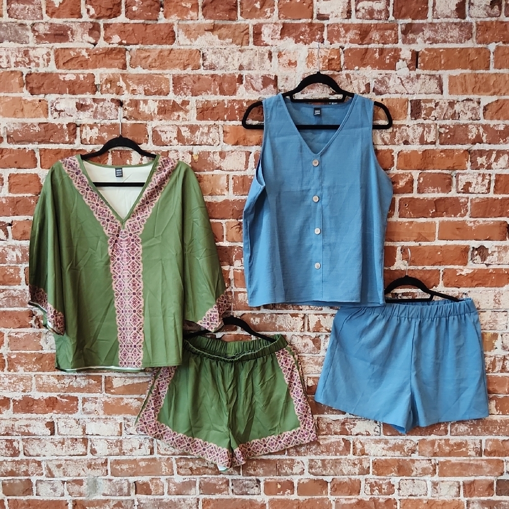 Shein Bundle: Green Tunic & Short Set AND Dusty Blue Tank & Short Set